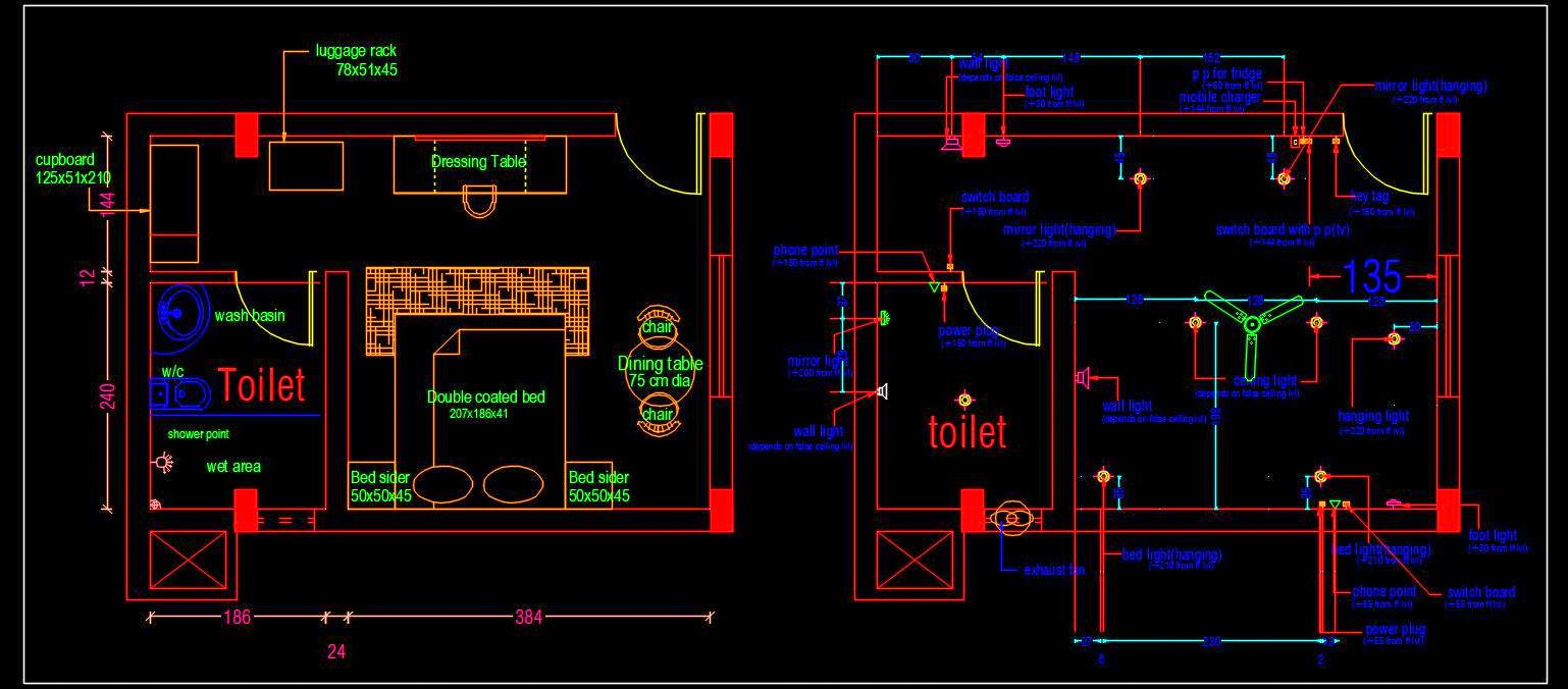 Hotel Room Design Free DWG- Bedroom & Toilet with Interior Layout